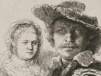 Rembrandt selbstbewusst auf der (finanziellen) Höhe seines Erfolges mit seiner geliebten Frau Saskia aus dem Jahr 1636.  Radierung, 104 x 95 mm. Kunstsammlungen der Veste Coburg