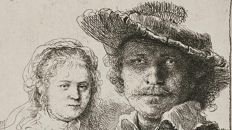 Rembrandt selbstbewusst auf der (finanziellen) Höhe seines Erfolges mit seiner geliebten Frau Saskia aus dem Jahr 1636.  Radierung, 104 x 95 mm. Kunstsammlungen der Veste Coburg