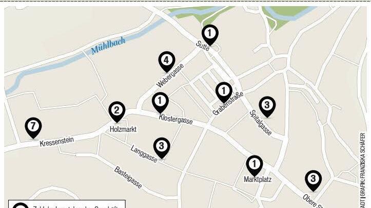 Diese Grafik zeigt die Zahl der leer stehenden Ladengeschäfte in den jeweiligen Straßenzügen.
