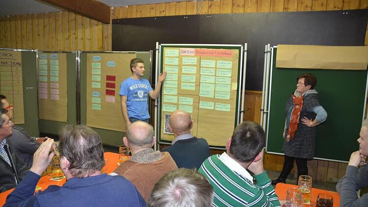 Felix Bayer und Maria Schneider erörtern die Vorschläge der Projektgruppe mit Hilfe einer Pinnwand. Die Bürger verfolgten aufmerksam die Ideen und spendeten für die gelungenen Beiträge viel Applaus.Foto: Hofmann