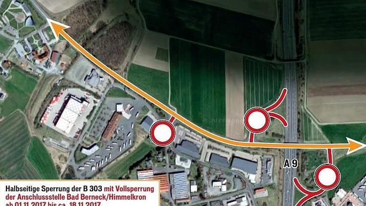 Im November ist die B 303 zwar einspurig in beide Fahrtrichtung per Ampelregelung wieder befahrbar. Vom 1. bis voraussichtlich 18. November werden dann aber die beiden Autobahnanschlussäste gesperrt. Grafik: Klaus Heim
