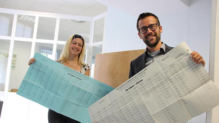 Tanja Schottdorf und Björn Denner vom Bad Kissinger Wahlamt mit Mustern für die Stimmzettel für die Landtags- und Bezirkstagswahl. Foto: Benedikt Borst.
