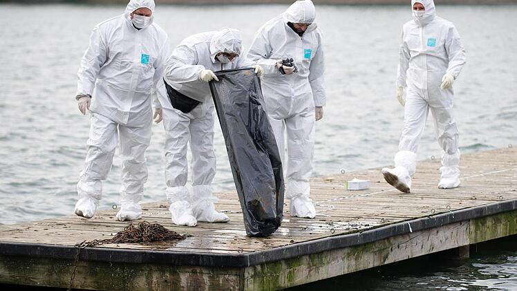 Polizisten begutachten am 01.11.2012 am Nordufer des Maschsees in Hannover (Niedersachsen) den Inhalt einer Mülltüte, welche zuvor von einem Polizeitaucher geborgen wurde. Nach dem Fund einer zerstückelten Prostituierten im Maschsee in Hannover hat die Polizei den mutmaßlichen Täter gefasst. Foto: Emily Wabitsch/dpa (zu lni 1667 vom 29.11.2012