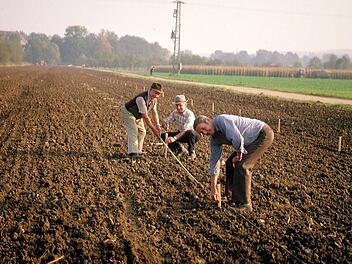 Die Vorbereitungen zur Wiedererrichtung der historischen Baille-Maille-Lindenallee in Himmelkron begannen 1986. Im Bild (von links) Hanns Meyer, Albin Völkel und Walter Simonsen bei der Arbeit.Archiv