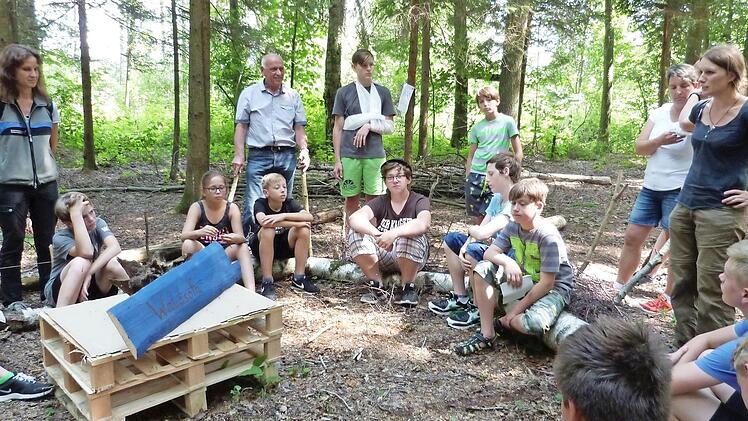 Lagebesprechung am "Waldsofa": Stehend von links Anja Mörtlbauer vom Forstrevier Stadtsteinach und Verbandsvorsitzender Hermann Anselstetter Foto: Werner Reißaus