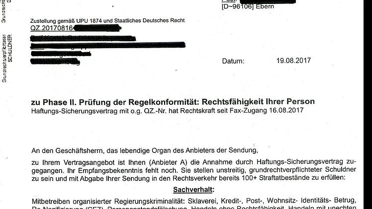 Mit solchen Vorwürfen werden von einem vermeintlichen Reichsbürger aus Ebern mehrere Persönlichkeiten seit Beginn der Flugblatt-Initiative überzogen. Bei der Bundesregierung in Berlin weiß man: Die Masche ist nicht neu. Repro: FT