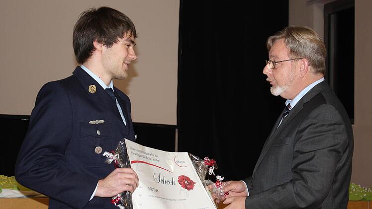 Tobias Baum freut sich über die Spende für die First Responder, die Rainer Benner (r.) übergibt.