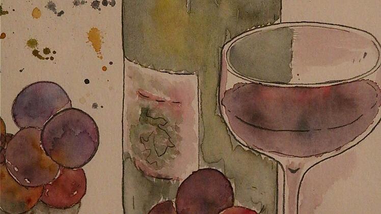 Aquarell-Maltechnik von Ewald Kaufmann: Typisch für den Weinort Ramsthal ist Kaufmanns Aquarell, welches die Trauben, das Weinglas und die Weinflasche zeigt.