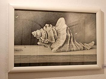 Durch das Schaufenster der geschlossenen Oberen-Stadt-Galerie ist ein Teil der aktuellen Ausstellung zu sehen, wie hier eine der peniblen Zeichnungen von Hans Niklaus. Foto: Klaus Klaschka