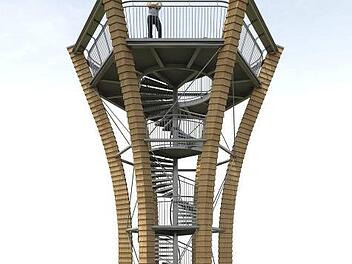 Die Visualisierung zeigt, wie der neue Turm auf dem Zabelstein oberhalb von Knetzgau aussehen wird.  Foto: Architekt Johannes-Ulrich Blecke