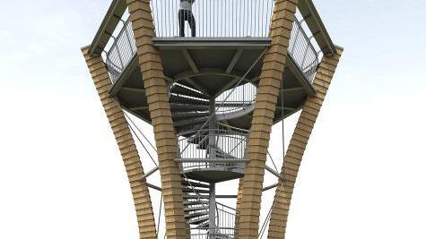 Die Visualisierung zeigt, wie der neue Turm auf dem Zabelstein oberhalb von Knetzgau aussehen wird.  Foto: Architekt Johannes-Ulrich Blecke