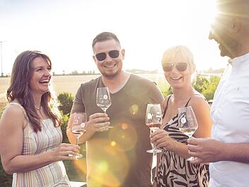 Vier Menschen trinken Wein auf einer Terrasse bei Sonnenschein