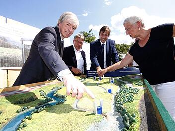 Regierungsvizepräsident Thomas Engel, Georg Schlapp, Landrat Hermann Ulm und Rose Stark (v.l.) fluteten am Modell eine Wiese.