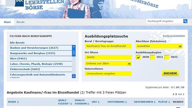 Online-Plattform "IHK-Lehrstellen-Matching" Screenshot: Ulrike Nauer