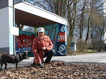 Jedes Mal, wenn Ursula Oefelein mit ihrem Hund unterwegs ist, ärgert sie sich über den Zustand der Grünflächen bei der Bushaltestelle im Heimatring. Zu dem Laub, das seit fast zwei Jahren dort liegt, ist jetzt auch noch Split vom Winterdienst hinzugekommen. Foto: Helke Renner