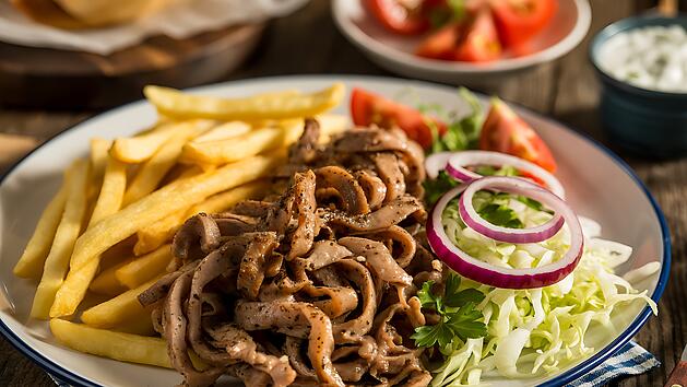 Gyrosfleisch mit Pommes Frites und Salat auf einem Teller, serviert mit Dip und Tomaten.