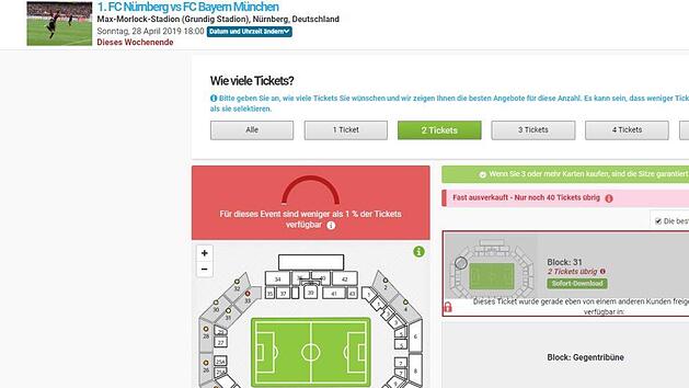 Wie hier auf der Viagogo-Webseite zu sehen ist, werden Tickets für das Spiel des 1. FC Nürnberg gegen den FC Bayern München zu hohen Preisen verkauft. Screenshot: viagogo.de