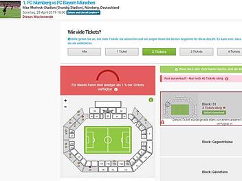 Wie hier auf der Viagogo-Webseite zu sehen ist, werden Tickets für das Spiel des 1. FC Nürnberg gegen den FC Bayern München zu hohen Preisen verkauft. Screenshot: viagogo.de