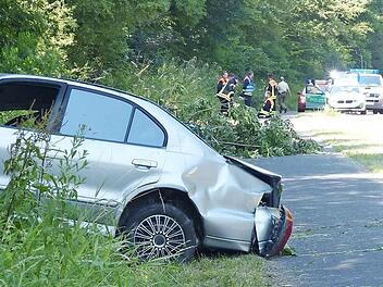 An der Waldböschung neben dem Radweg landete der Mitsubishi des 54-jährigen Autofahrers. Bei der Schleuderfahrt hatte der Wagen einen Baum umgerissen, der auf den Radweg fiel. Hinter dem umgeknickten Baum starb der Radfahrer. Das Fahrrad des 43-jährigen Radlers wurde in das Gebüsch zwischen dem Auto und dem umgefallenen Baum geschleudert.  Foto: Klaus Schmitt