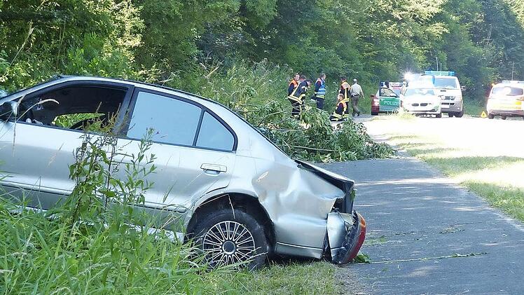 An der Waldböschung neben dem Radweg landete der Mitsubishi des 54-jährigen Autofahrers. Bei der Schleuderfahrt hatte der Wagen einen Baum umgerissen, der auf den Radweg fiel. Hinter dem umgeknickten Baum starb der Radfahrer. Das Fahrrad des 43-jährigen Radlers wurde in das Gebüsch zwischen dem Auto und dem umgefallenen Baum geschleudert.  Foto: Klaus Schmitt