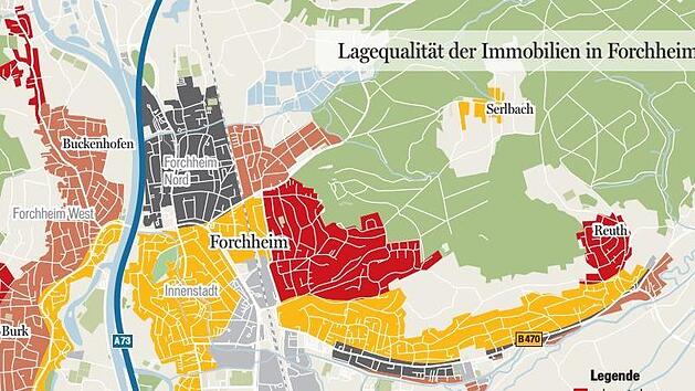 Die Karte zeigt, wo es sich am Teuersten und am G&uuml;nstigsten in Forchheim leben l&auml;sst.  Quelle: HypoVereinsbank/Grafik Franziska Sch&auml;fer