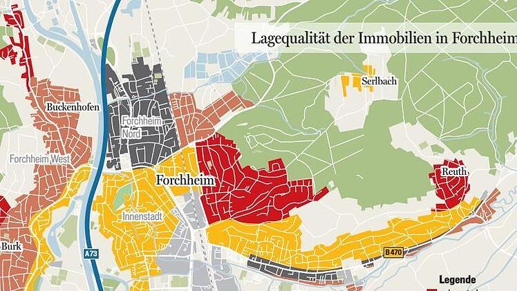 Die Karte zeigt, wo es sich am Teuersten und am Günstigsten in Forchheim leben lässt.  Quelle: HypoVereinsbank/Grafik Franziska Schäfer