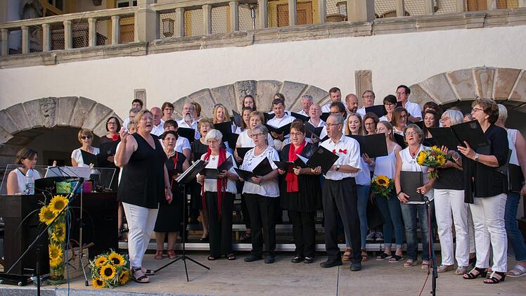 Der gemischte Chor und der Projektchor des Gesangvereins Eintracht Wonfurt 1900 unter der Leitung von Waltraud Hellwig luden beim Schlosskonzert die Zuhörer zum Mitsingen ein. Foto: Ulrike Langer
