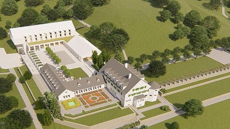 Die alten, denkmalgeschützten Gebäudeteile (graues Dach) bleiben vollständig erhalten und werden umfassend saniert. Dahinter entsteht ein Neubau (weißes Dach), der sich in der Gestaltung an die bestehende Substanz anpasst. Visualisierung: Wisag-Gruppe