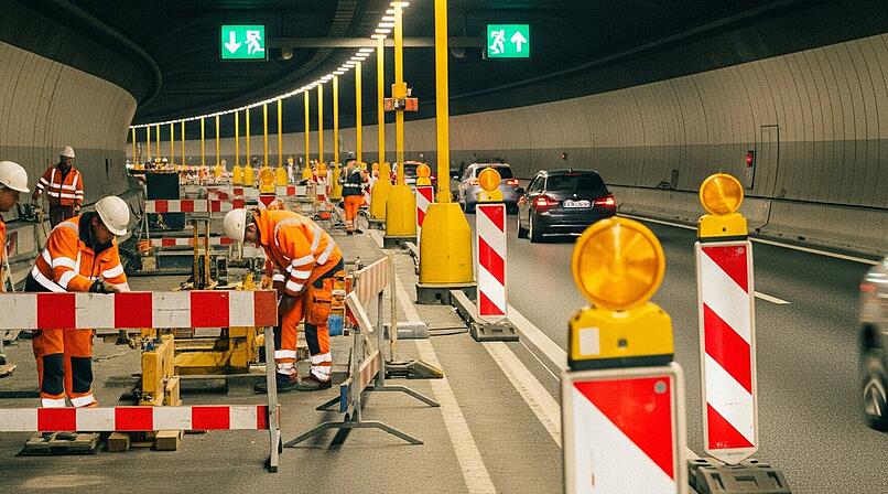 Bauarbeiten in einem Autobahntunnel führen zu Verkehrseinschränkungen im Innern des Tunnels