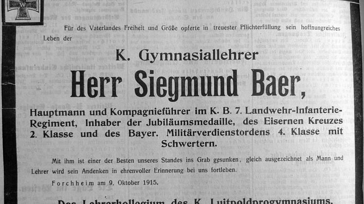 Todesanzeige des Lehrerkollegiums für Siegmund Baer aus dem Forchheimer Tagblatt