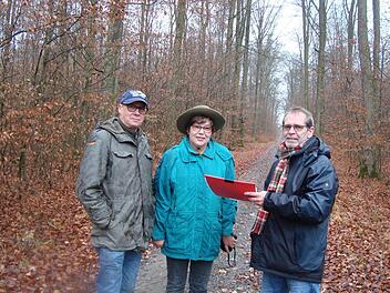 Bernd Marquard (links), der bisherige Betreuer, und Kreisheimatpfleger Roland Heinlein weisen Ingrid Mützel in ihren Aufgabenbereich als Denkmalpatin ein.Foto: Stefan Mützel