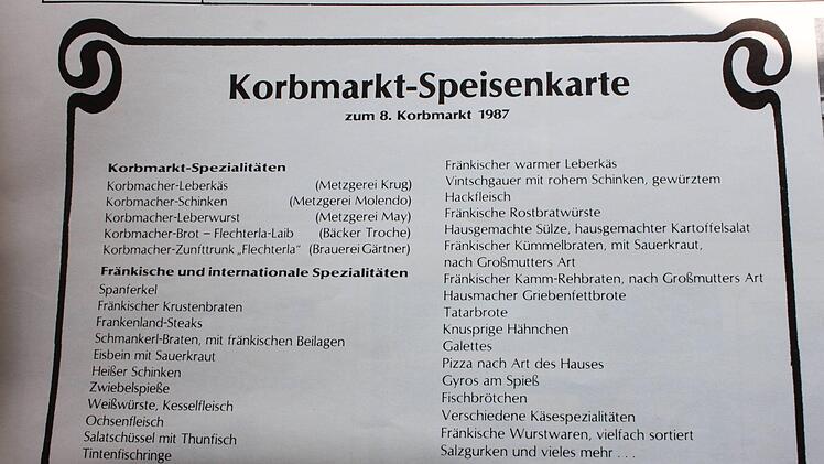 Spezialitäten zum Korbmarkt gab es natürlich auch schon vor der Einrichtung der Badgasse als Schlemmermeile, wie diese Speisenkarte von 1987 zeigt.Quelle: FT-Korbmarkt-Beilage