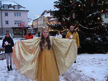 Wollen auch ohne Weihnachtsmarkt der Höchstadter Innenstadt Glanz verleihen, von links: Julia Dürrbeck, Thomas Oppelt, Christkind Antonia Hubert, Susanne Bayer und Bürgermeister Gerald Brehm.  Fotos: Andreas Dorsch