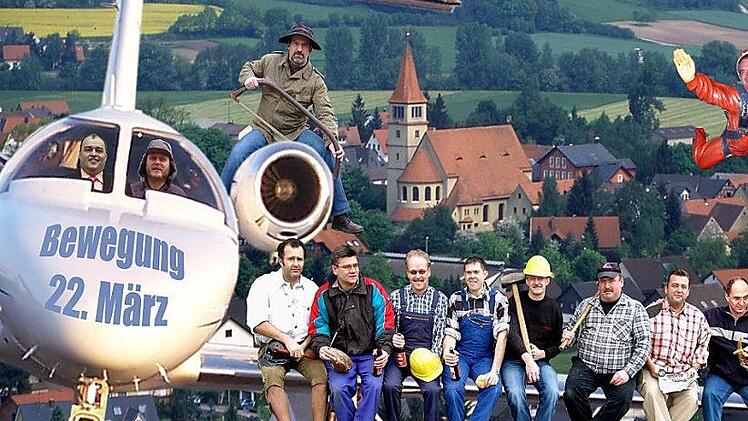Die Fotomontage wurde für die Festschrift zum 25-jährigen Jubiläum mit allen damaligen Vorständen und Mitgliedern bei ihrem "Rundflug" über die Heimatgemeinde Adelsdorf erstellt. Fotomontage: Stammtisch/privat