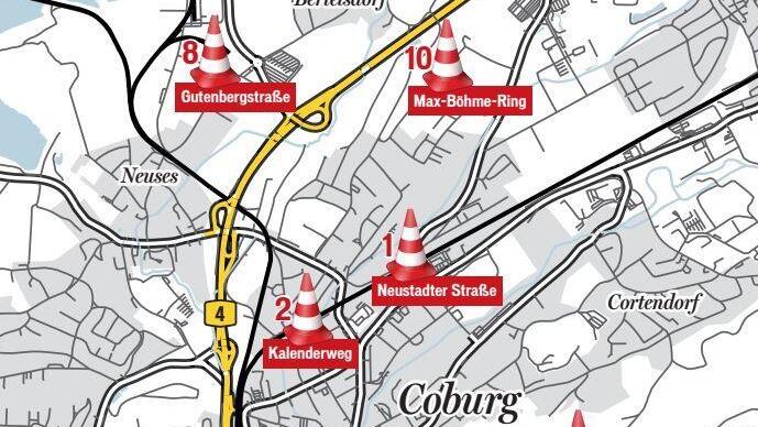 Der Lageplan zeigt einen Teil der Coburger Baustellen. Erläuterungen im Bericht.Grafik: Carolin Höfler