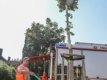 Günther Dotterweich (links) und Florian Böhm sind städtische Mitarbeiter und zugleich bei der Feuerwehr Forchheim aktiv. Gestern waren sie mit dem Tanklöschfahrzeug der Wehr in Kersbach unterwegs, um im Irlrinnig die Ahorn-Bäumchen zu bewässern.Barbara Herbst