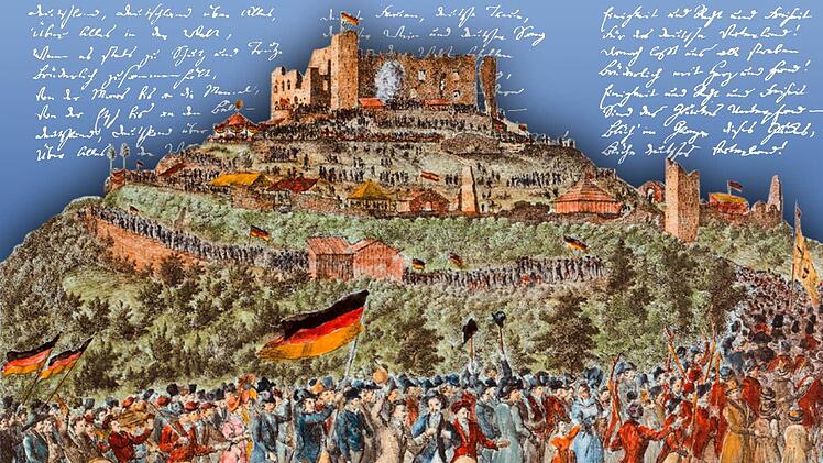 Zeitgenössischer Stich vom Zug der Demonstranten am 27.5.1832 zum Hambacher Schloß, das auch Marxsburg genannt wird. Auf dem Schloß Hambach fand vom 27. bis zum 30. Mai 1832 die erste deutsche demokratisch-republikanische Massenversammlung statt, die als Hambacher Fest in die Geschichte einging. Foto: dpa