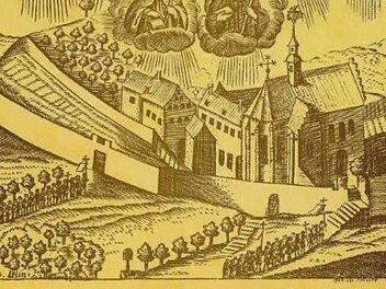 Dieser sogenannte Wallfahrtszettel wurde gedruckt zwischen 1685 und 1691. Zwei Prozessionen bewegen sich auf die Kirche zu. Diese Kirche erlitt 1698 schwere Brandschäden. Bereits zwei Jahre später war die erneute Einweihung nach der Wiederherstellung. Repro: Dieter Galm