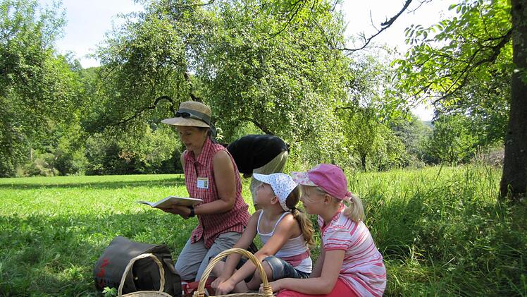Kräuterhexe Christine Karl erzählte den Kindern die Geschichte vom Spitzwegerich, der kein Spitzwegerich mehr sein wollte.