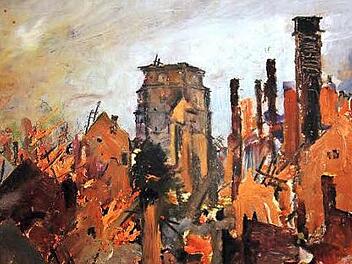 Blick auf die im Krieg zerstörte und noch brennende Stadt Thiaucourt, wie Fritz Lamprecht sie 1940 sah und mit Ölfarbe auf Leinwand malte. Das Bild hängt heute in Kloster Banz. Repro: ME