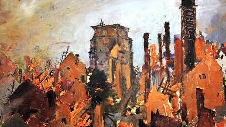 Blick auf die im Krieg zerstörte und noch brennende Stadt Thiaucourt, wie Fritz Lamprecht sie 1940 sah und mit Ölfarbe auf Leinwand malte. Das Bild hängt heute in Kloster Banz. Repro: ME
