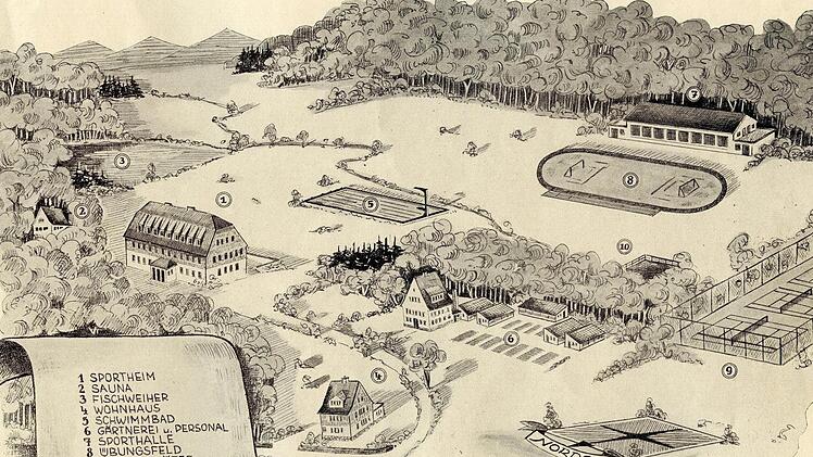 So sollte das Sportgelände einmal aussehen. Das Foto stammt aus einer Broschüre über die geplante Sportstätte im Schondratal. Quelle: Stadtarchiv Bad Brückenau