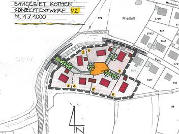 Diese Variante eines möglichen Bebauungsplans überzeugte Mottens Gemeinderat. In der Mitte der "Kommunikationspunkt", die angrenzenden Grundstücke werden via Wohnwege erreicht.  Grafik: Planungsbüro Bautechnik-Kirchner