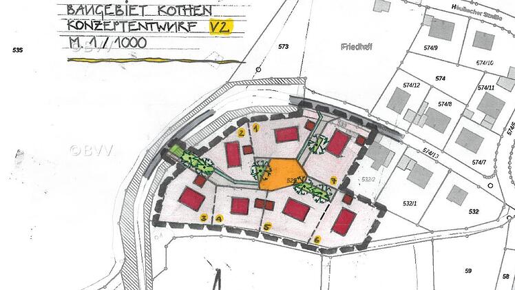 Diese Variante eines möglichen Bebauungsplans überzeugte Mottens Gemeinderat. In der Mitte der "Kommunikationspunkt", die angrenzenden Grundstücke werden via Wohnwege erreicht.  Grafik: Planungsbüro Bautechnik-Kirchner