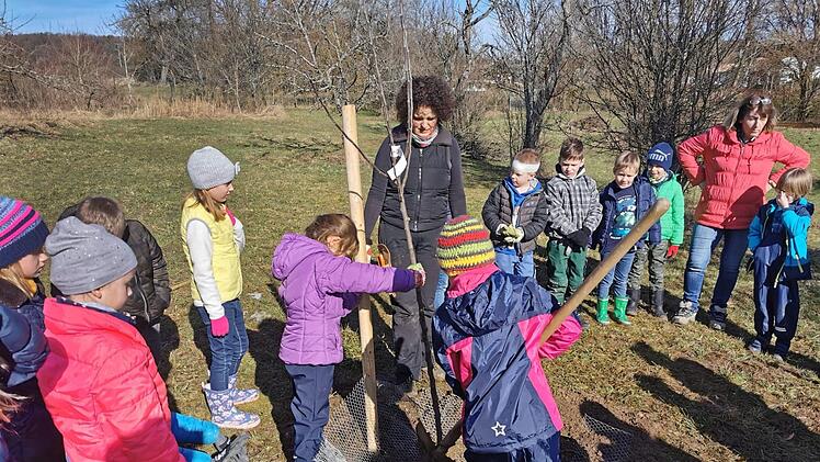 Am 2. März pflanzten die Kinder mit Streuobstpädagogin Christine Berner aus Herzogwind die beiden ersten Apfelbäume. Dann kam der Lockdown. Nun soll das Projekt fortgesetzt werden.  Foto: Archiv Thomas Weichert