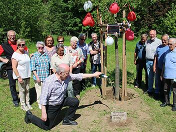 Eine Linde hatten Angehörige des Mürschter Geburtsjahrganges 1946 im letzten Jahr eingepflanzt. Am Vatertag wurde das nun gefeiert. Den Gedenkstein davor taufte Wolfgang Blümlein mit Sekt.  Foto: Dieter Britz