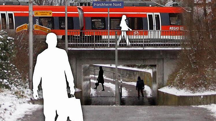 1000 Fahrgäste müssten im Forchheimer Norden täglich in die S-Bahn ein- und aussteigen, damit an der Unterführung in der Herder-Straße ein kleiner Bahnsteig gebaut werden kann. Foto: Nikolas Pelke/Grafik: Franziska Schäfer