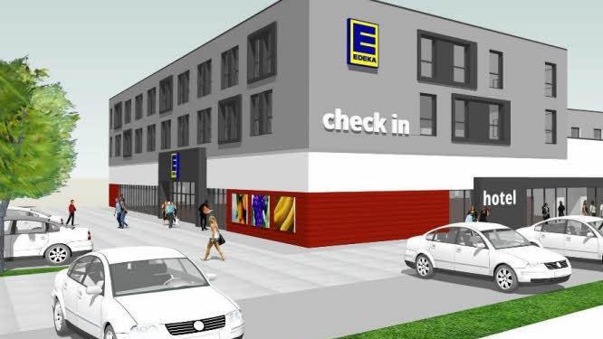 So könnte das Hotel, mit E-Center im Erdgeschoss, als Kernstück des Fachmarktzentrums aussehen. Animation: Centerscape