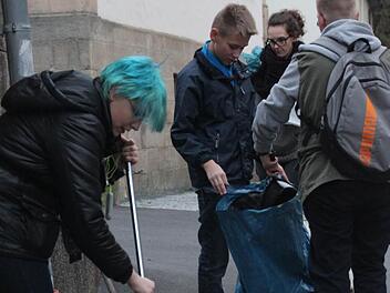 Nadine Kirchner, Lukas Mühlnickel, Carolin Bräutigam und Marvin Brunn (v. l.) befreien die Ortsdurchfahrt von Unrat und Dreck.