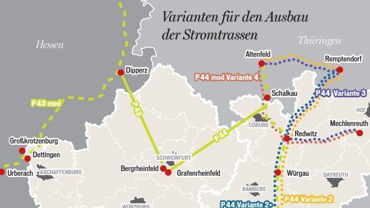Bei drei der sechs möglichen Trassenverläufe wäre im Kreis Kronach ein Abschnitt zwischen Tschirn und Redwitz betroffen. Grafik: Franziska Schäfer